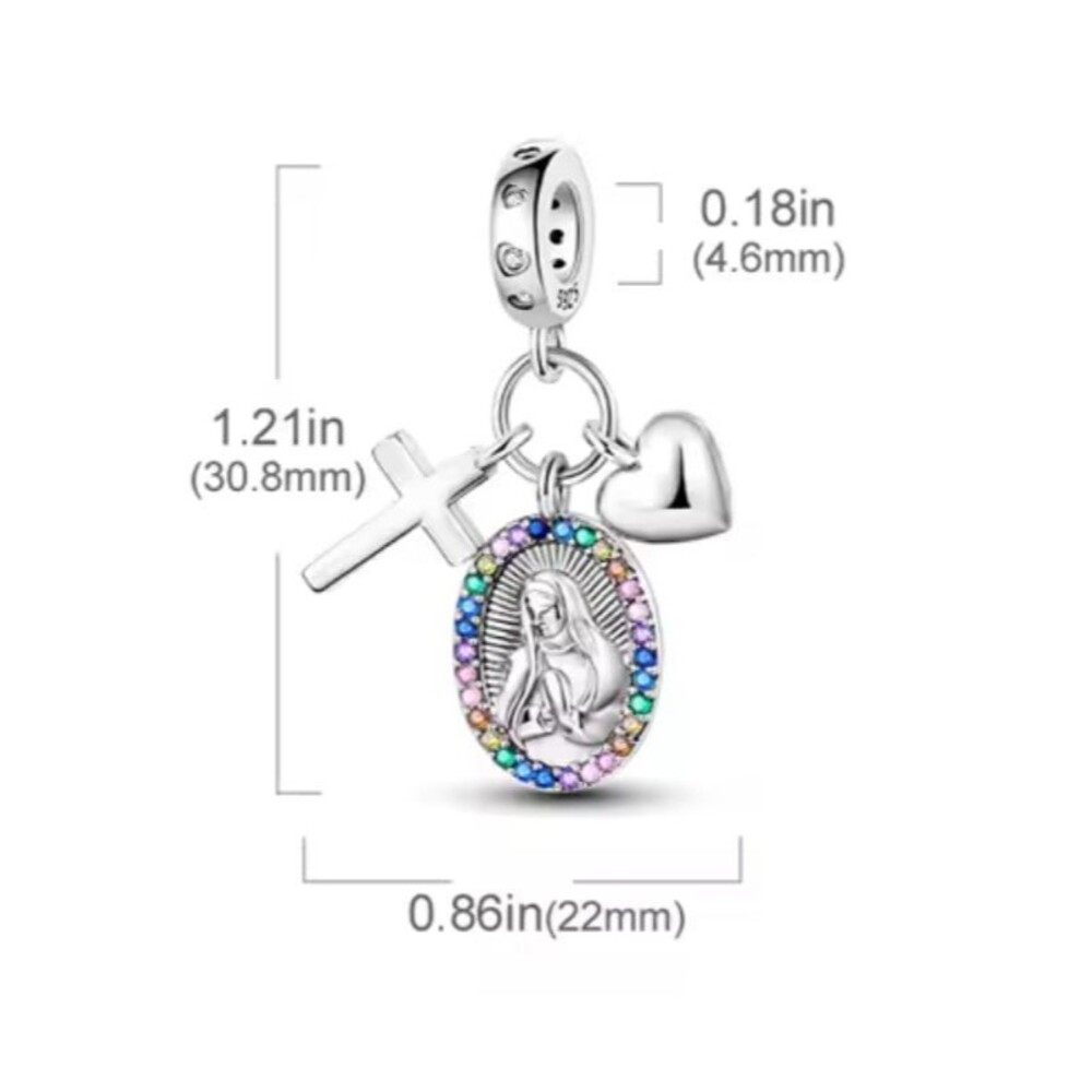Virgin Mary, Heart, Cross Dangle Charm | 925 Silver | Brand New - Picture 2 of 2